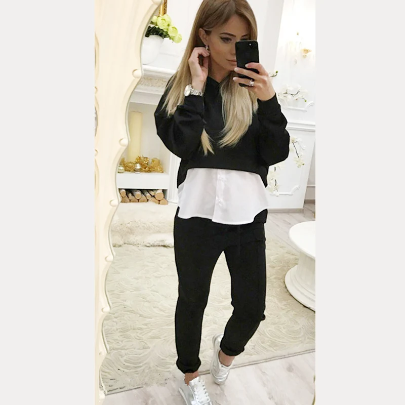 black Женские спортивные костюмы с капюшоном, сексуальная спортивная одежда, комплект из 2 предметов, спортивная одежда, спортивный костюм для бега, свободный поддельный костюм из двух вещей, женская одежда - Цвет: black