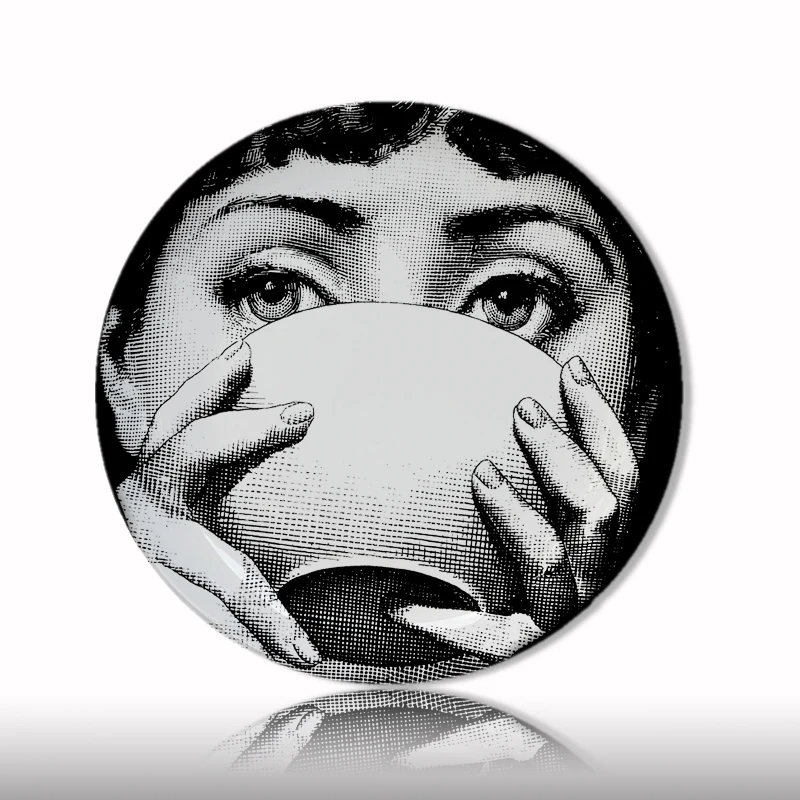 8 дюймов Милан rosenthal Piero fornasetti тарелки чистого черного цвета и белой иллюстрации Топ Мода висят блюда по производству образцов/дома/отеля настенный Декор