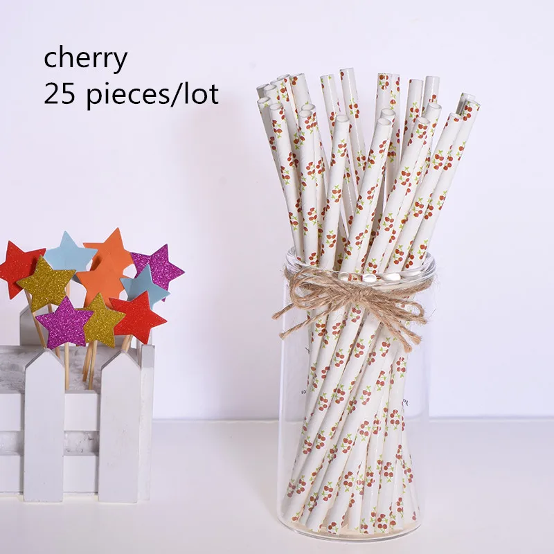 cherry 25 шт. Топпер для торта Зеленые Бамбуковые бумажные соломинки для детей с днем рождения свадебные декоративные вечерние тропические принадлежности соломинки для питья - Цвет: cherry