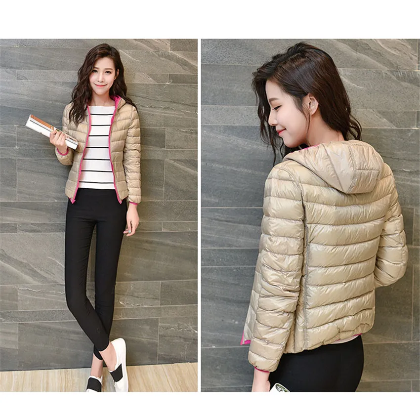 Женский короткий пуховик с капюшоном легкий тонкий большого размера на белом