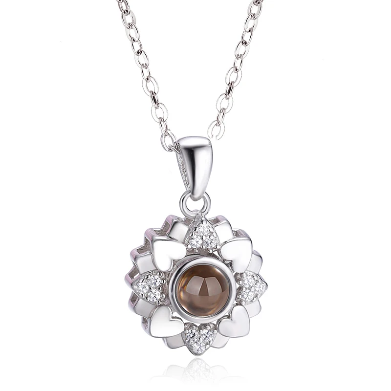 White gold color Модное ювелирное изделие из стерлингового серебра S925 пробы, романтическое ожерелье на 100 языках "I Love You" для женщин, подвеска в виде цветка, аксессуары, подарок - Окраска металла: White gold color