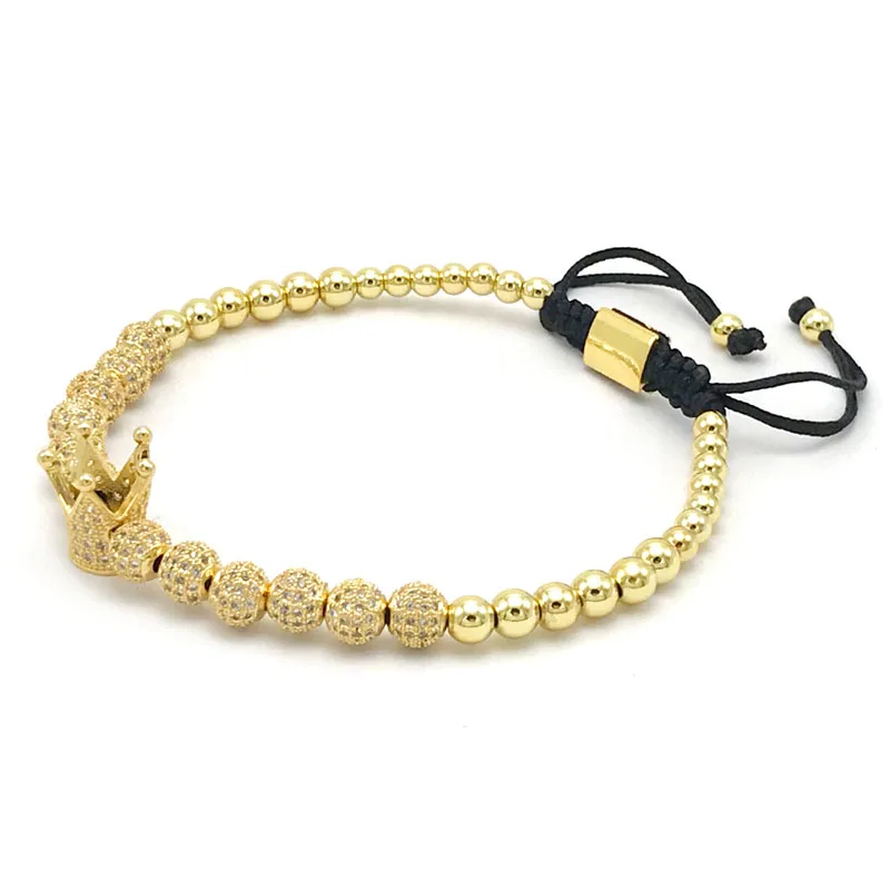 

1pcs New Design women fashion CZ Imperial Crown Bracelet with 6mm gold-color bead Micro Pave CZ Braiding Women Macrame Bracelet