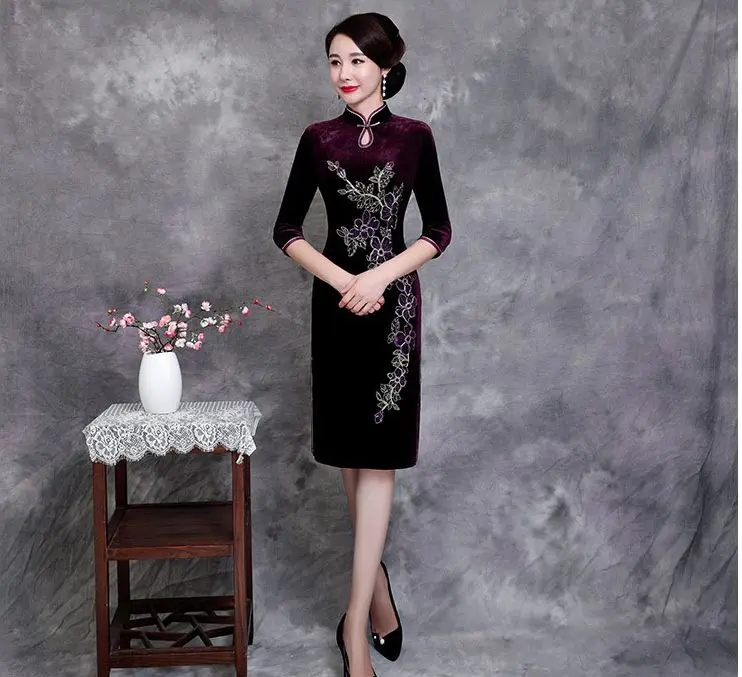 

2019 Long Cheongsam Fashion Chinese style Short Sleeve Dress Womens Rayon Qipao Slim Party Dresses Summer Lady Vestido S-4XL