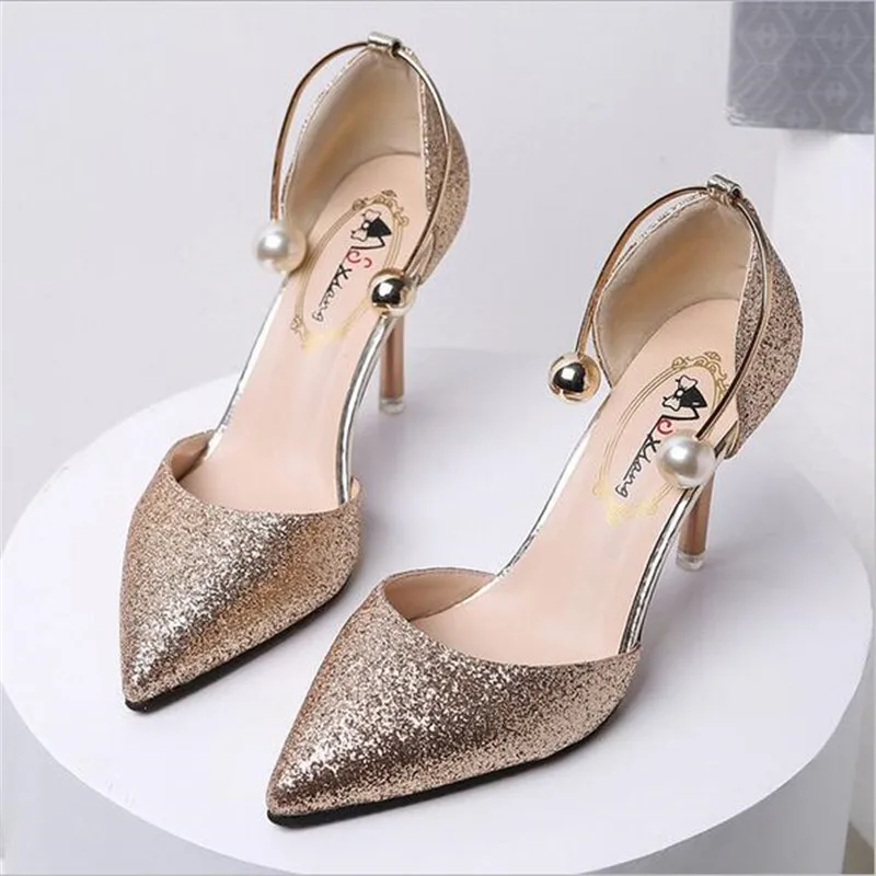 Мода пряжки кристаллы Bling насосы Для женщин элегантный высокий тонкий каблук, острый носок, Свадебная женская обувь золото серебро черный