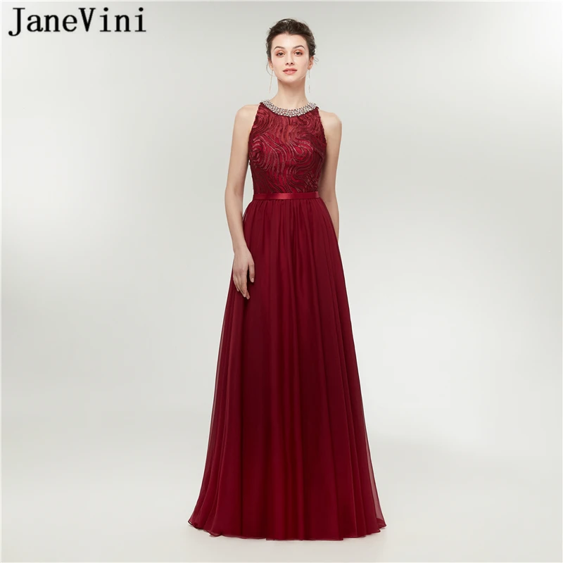 

JaneVini Blue Long Prom Dresses 2019 Burgundy Chiffon Beaded Gala Gowns Sleeveless A Line Party Formal Dress vestido formatura