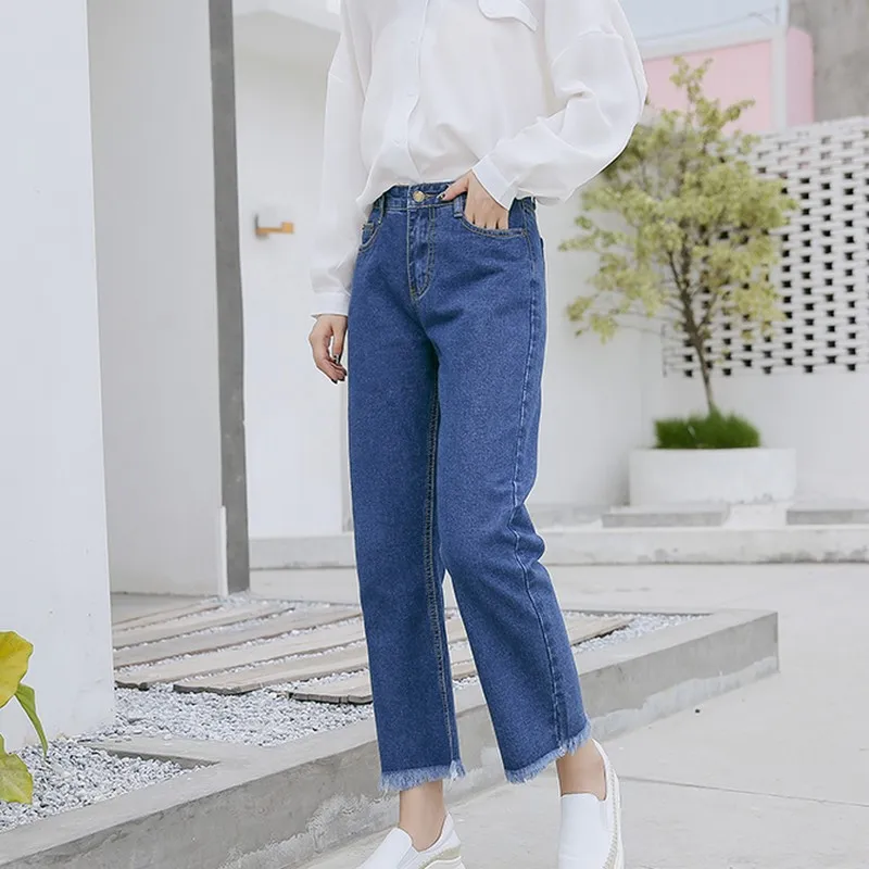 EXOTAO Basic Women Long Jeans With High Waist All Match Blue Wide Leg Pants Female Denim Pockets Tassel Plus Size |