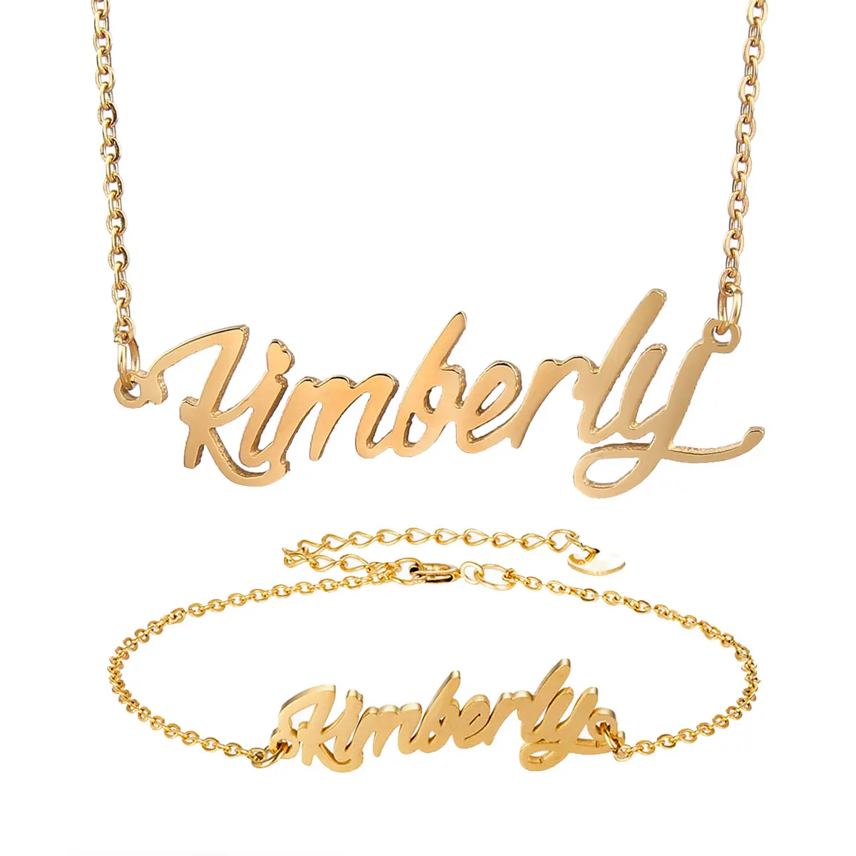 

Stainless Steel Name Necklace & Bracelet Set " Kimberly " Script Letter Gold Choker Chain Necklace Pendant Nameplate Gift