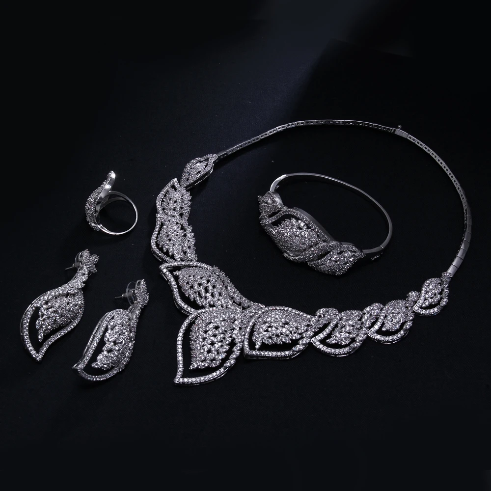 New Bridal Jewelry Sets rhodium plated with Cubic zircon 4pcs sets ( necklace + bracelet earrings ring) free shipment | Украшения и