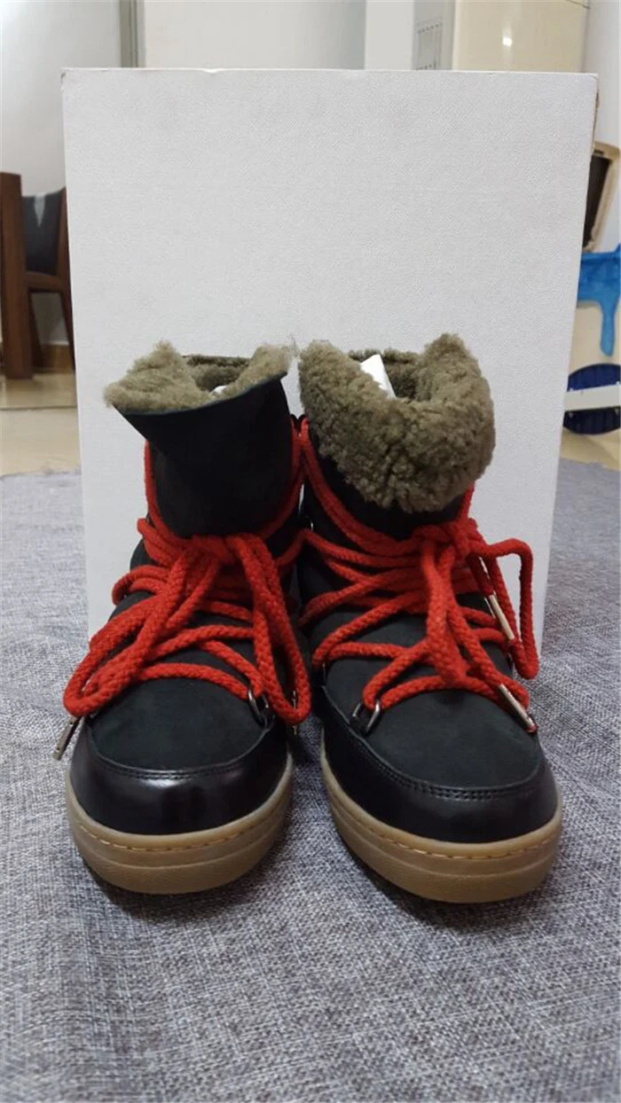 

High Quality Women 100% Winter Natural Fur Boots Genuine leather snow boots lace-up with Red shoelaces Wedge Ankle Boots Women