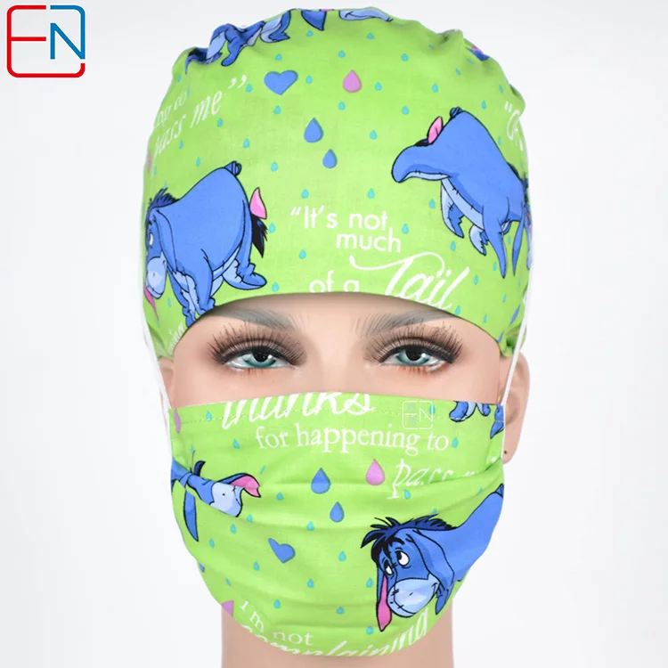 cap and mask Hennar доктор скраб шапки маска для женщин зеленый мультфильм печати хирургические головные уборы клиника кепки хлопок высокое качество скраб хирургическая шапка s маски - Цвет: cap and mask