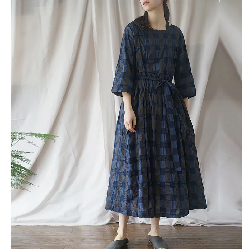 Женское длинное платье SCUWLINEN классическое клетчатое с солевой усадкой модель P057