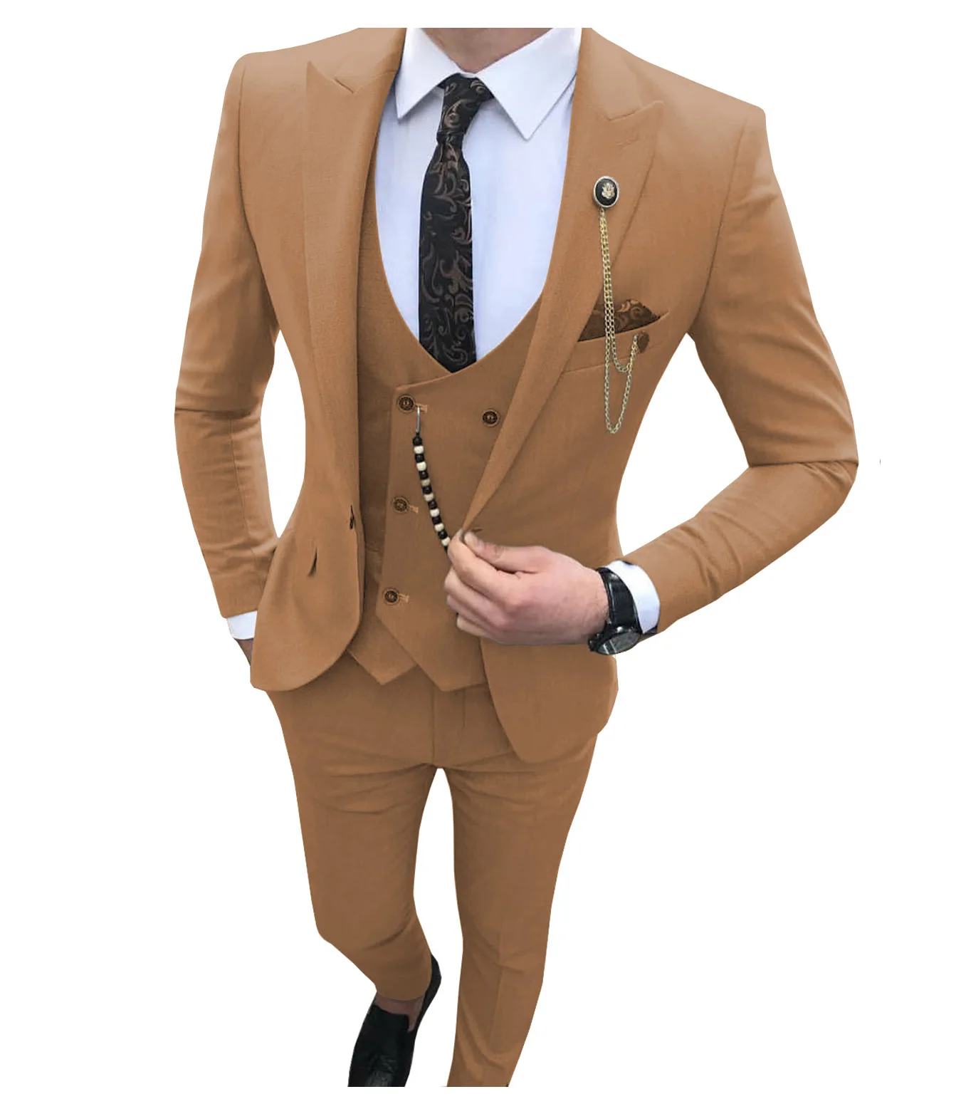 brown Мужские костюмы из 3 предметов, облегающие деловые костюмы для жениха, цвета шампанского, благородные серые белые смокинги для торжественных свадебных костюмов(Блейзер+ брюки+ жилет - Цвет: brown