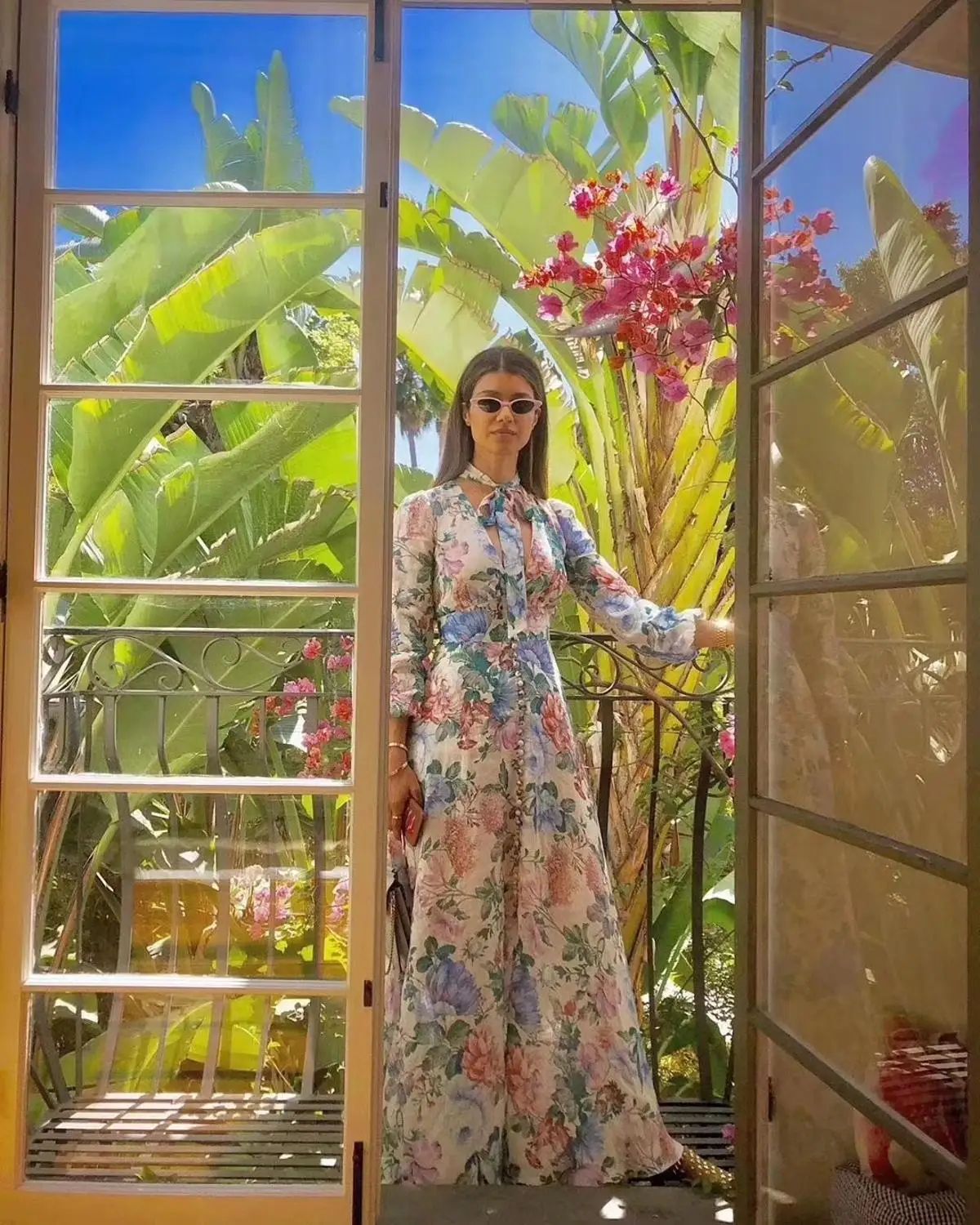 Summer New Fashion Linen Retro Printing V-Neck Single-Breasted Vacation Long Sleeve Dress Women's