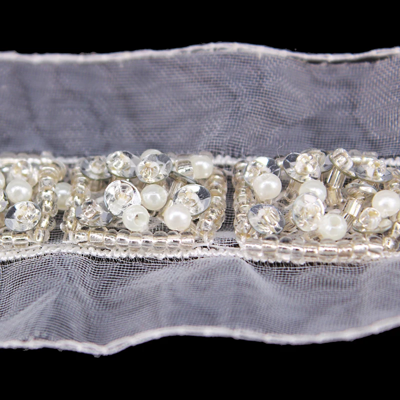 5 ярдов белая кружевная лента Стразы с бисером вышитая отделка костюм
