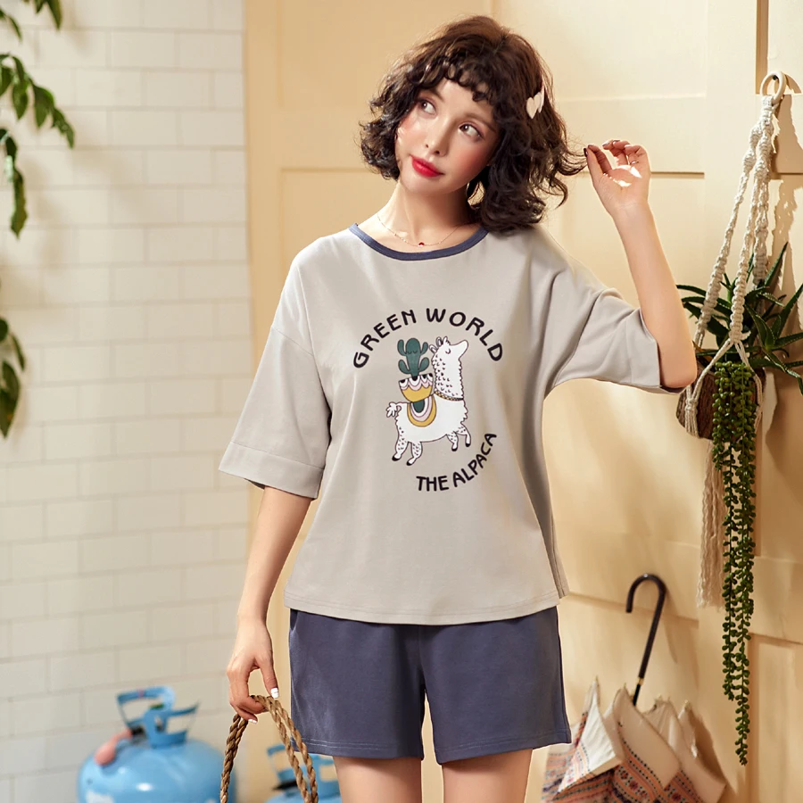 Хлопковые пижамы для женщин с шортами летние коротким рукавом Женская домашняя