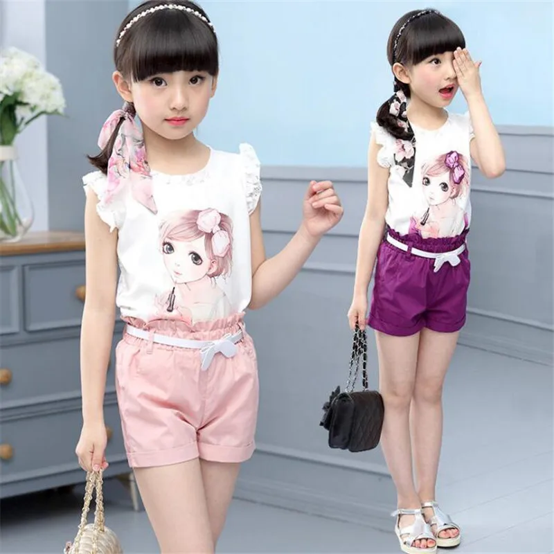 

JMFFY Children's Summer Clothes For Girls Set Clothes 2019 Children's Girl Baby Cartoon Shirt Shorts Suits Toddler Outwear 4-13T