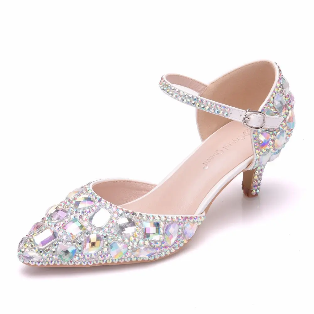 

5 cm color water drill fine and pointed sandals short and low heel sandals female foreign trade crystal wedding shoes
