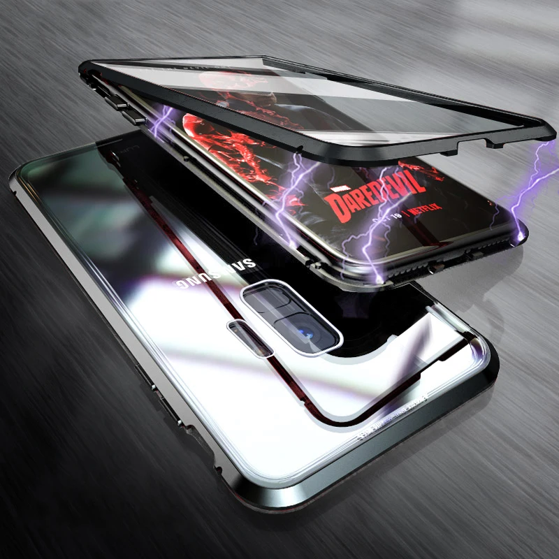 

Magnetic Adsorption Flip Metal Phone Case For Samsung Galaxy S9 Plus Cover Double Side Glass Coque Galaxy S9 Luxury Shell Fundas