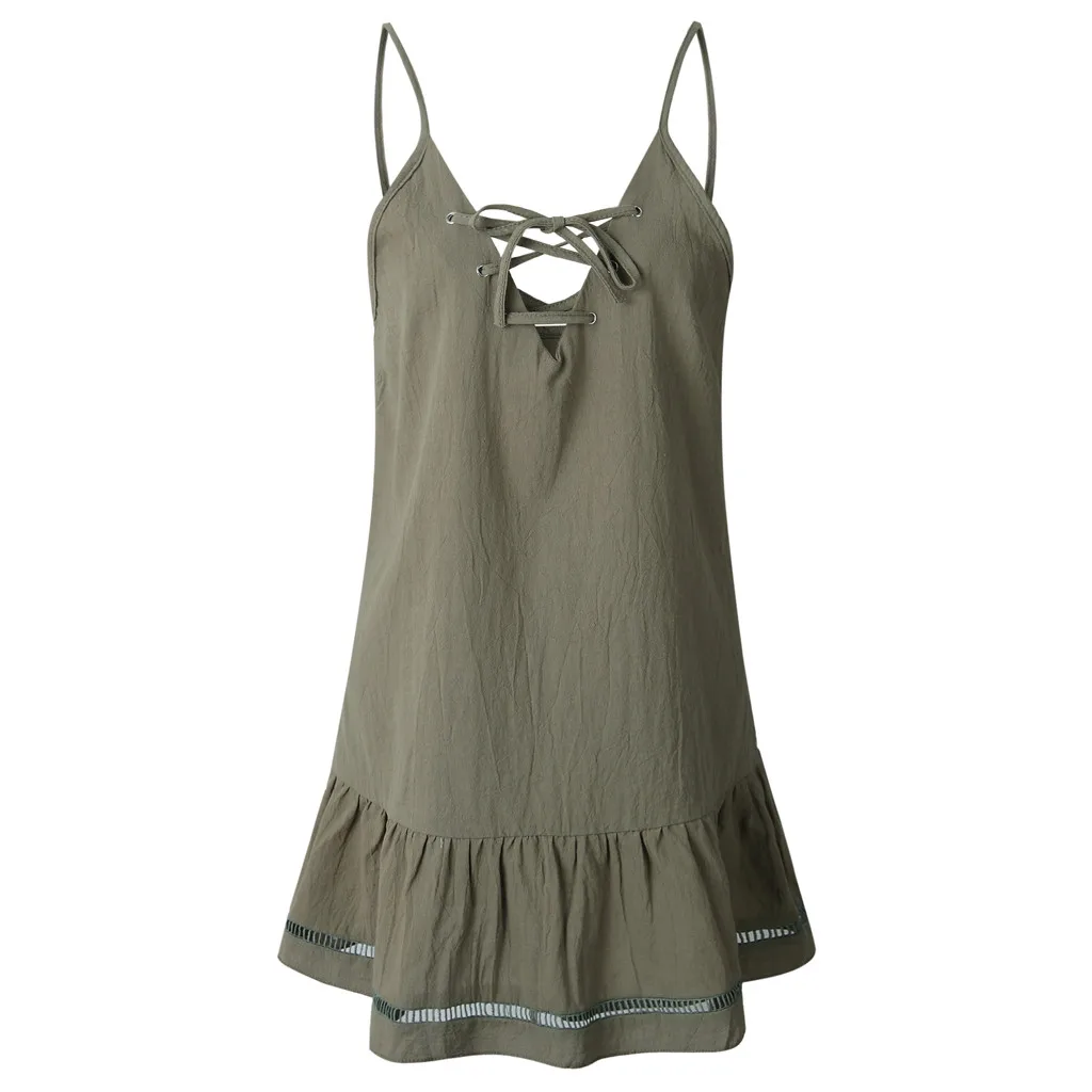 Женское свободное однотонное платье на бретельках с v-образным вырезом