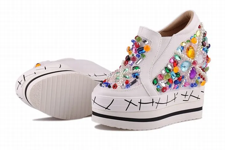 Новый 2017 Женщины Клин Туфли На Платформе Для Натуральной кожи Горный Хрусталь