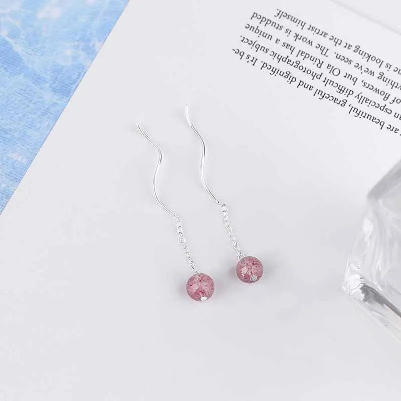 

Korean Strawberry Quartz Real 925 Sterling Silver Ear Line Drop Earrings For Women Statemnet Chain Earring Party Gifts