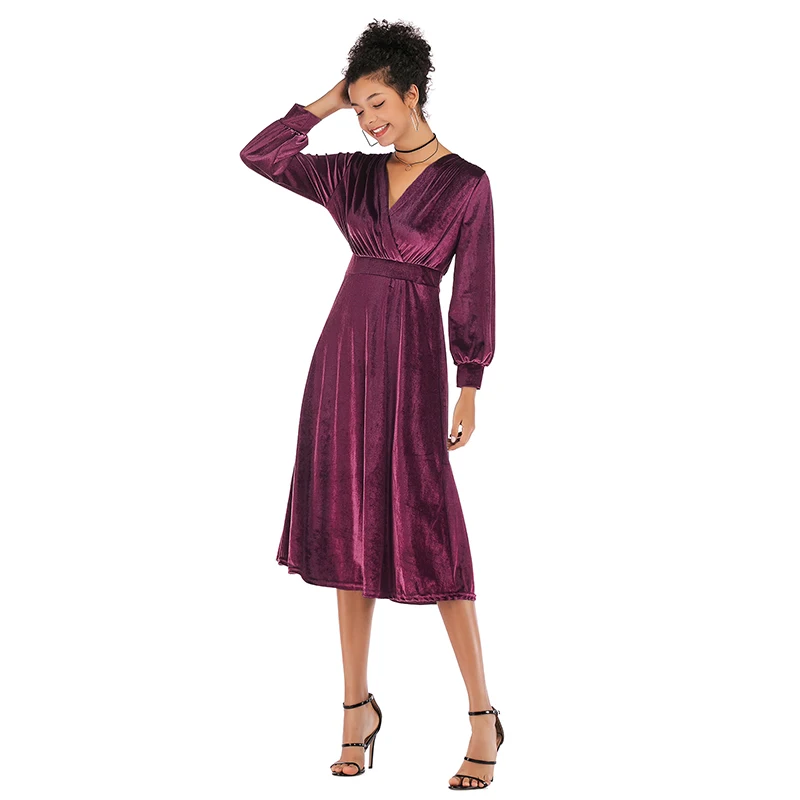платье женское осень 2019 платья больших размеров бархатное с длинным рукавом