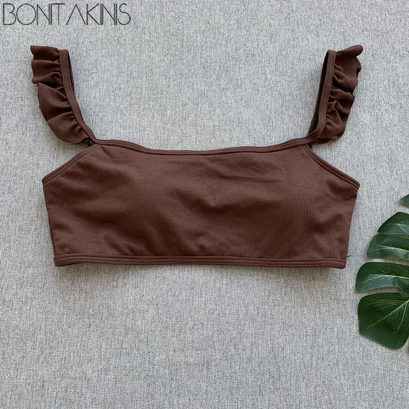 Bonitakinis однотонный коричневый комплект бикини гофрированный ремень купальники
