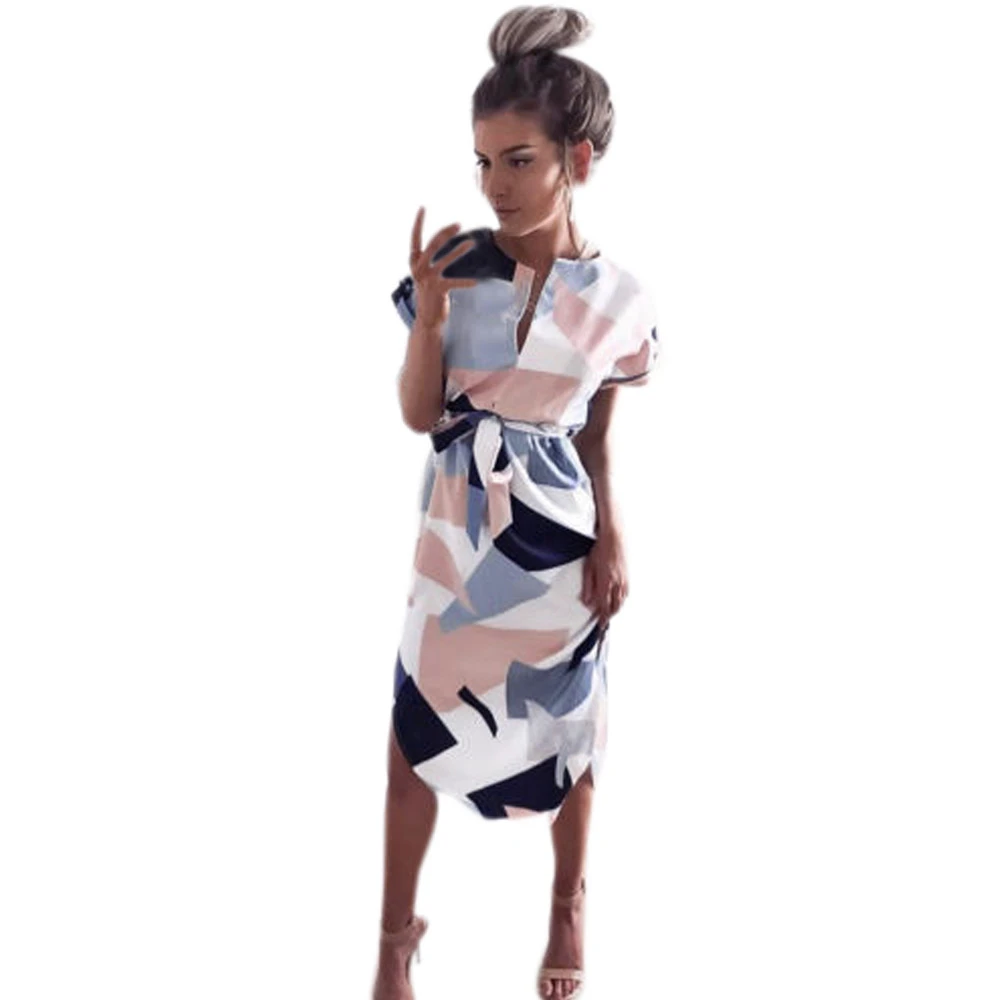 2019 Hot Sale Women Midi Party Dresses Geometric Print Summer Boho Beach Dress Loose Batwing Sleeve Vestidos Plus Size #3 | Женская