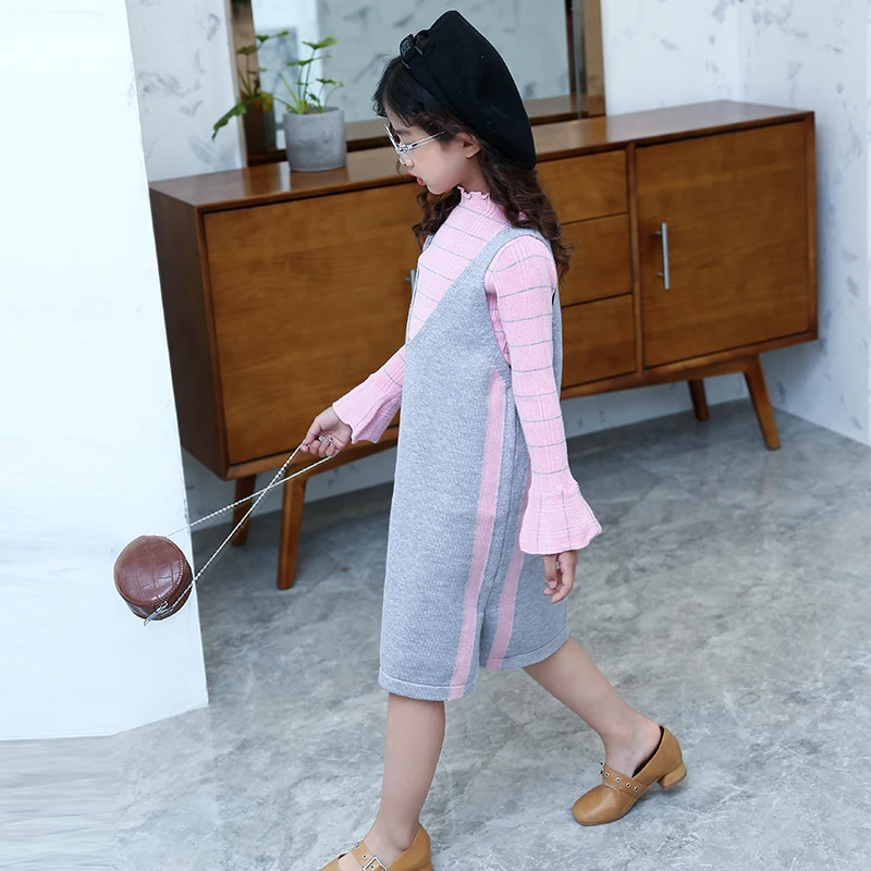 Комплект одежды для девочек 2018 Осенний топ в полоску + юбка свитер 2 предмета