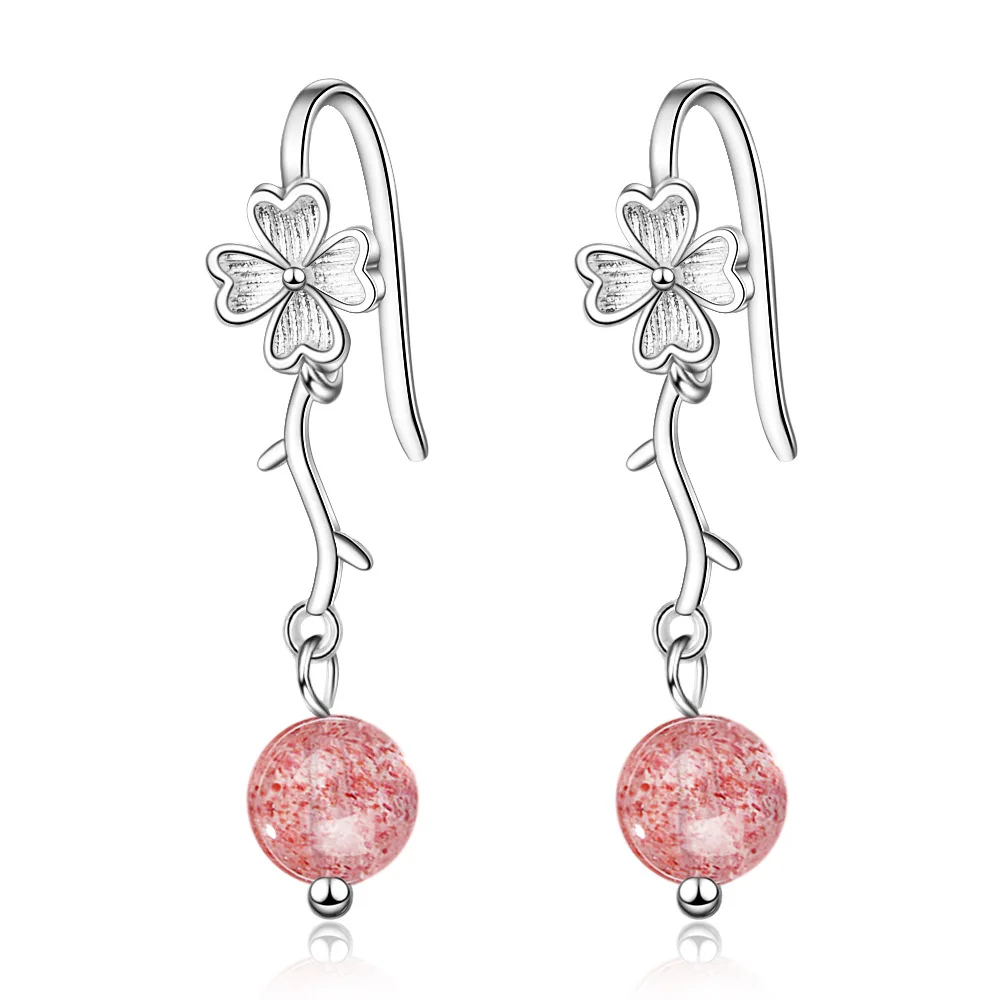 

100% 925 Sterling Silver Trendy Pink Strawberry Quartz Flower Ladies Drop Earrings Jewelry Women Gift Girls Wholesale Cheap