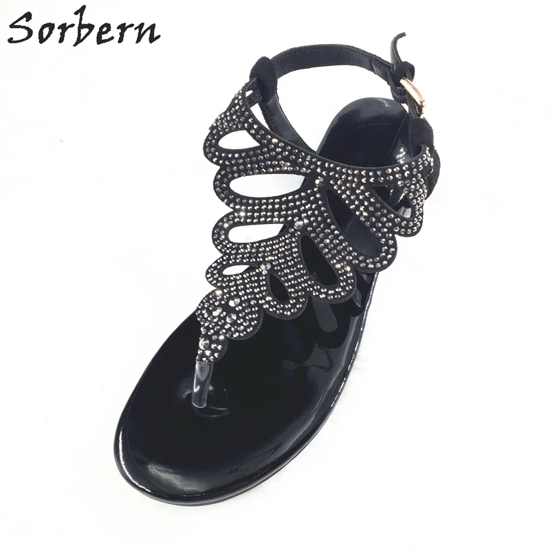 

Sorbern Black Flip Flop Flat Sandals Women Crystals T-Straps Flat Heel Summer Shoes Ladies Crystal Shoes Rome Style Casual Shoe