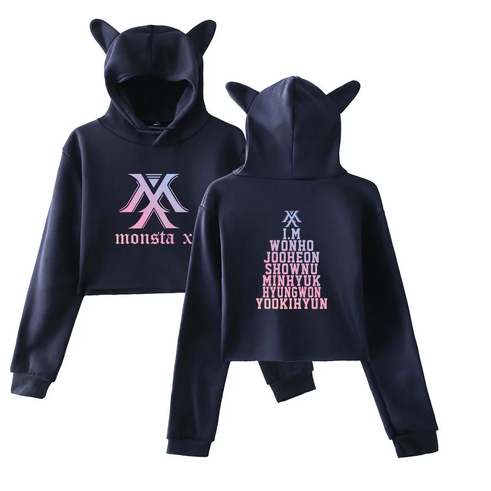 Kpop MONSTA X укороченный топ Kawaii шапка с кошачьими ушками толстовки для женщин