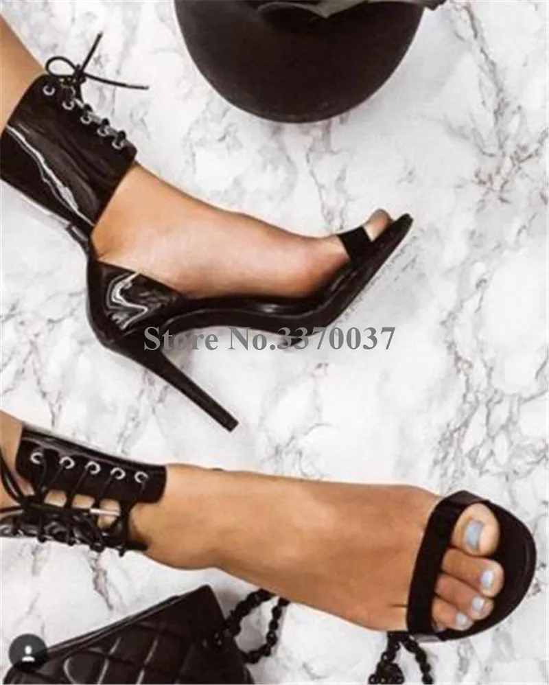 

Summer New Fashion Women PVC Stiletto Heel Gladiator Sandals Neon Yellow Transparent Ankle Wrap Lace-up High Heel Sandals Shoes