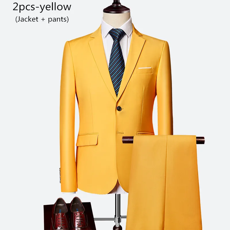 2pcs-yellow Деловой мужской костюм, костюм из 3 предметов, Мужской Блейзер+ жилет+ брюки, Свадебный костюм жениха на заказ, большие размеры, M-6XL, высококачественные костюмы - Цвет: 2pcs-yellow