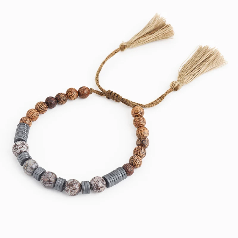 Vintage Natural Stone Bracelets For Women Brown Cottons Tassels Texture Wooden Beads Charm Adjustable Jewelry 2017 New | Украшения и