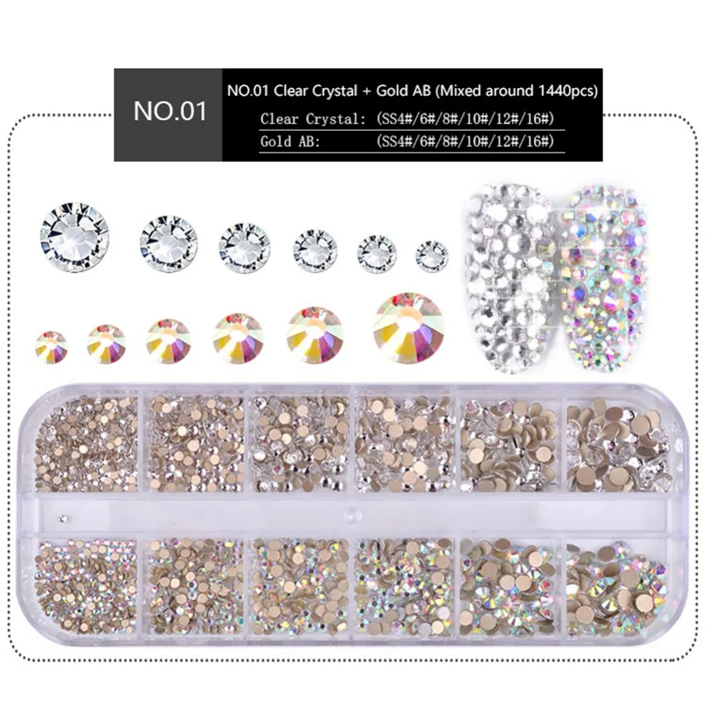 12 ячеек в коробке Стразы для ногтей с плоской задней поверхностью 3D без горячей