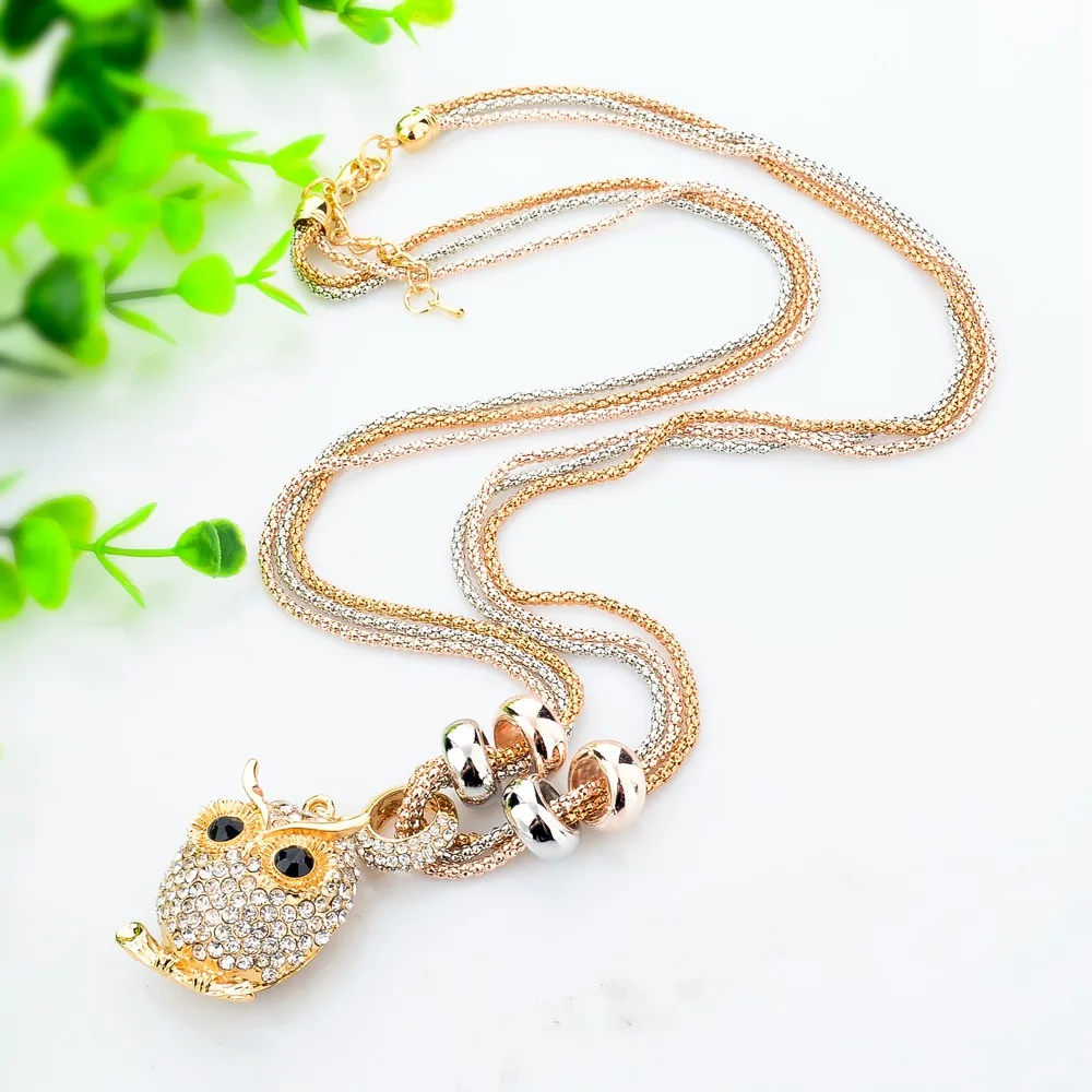 2018 модное серебряное/золотое ожерелье с кристаллами и совой для женщин длинная
