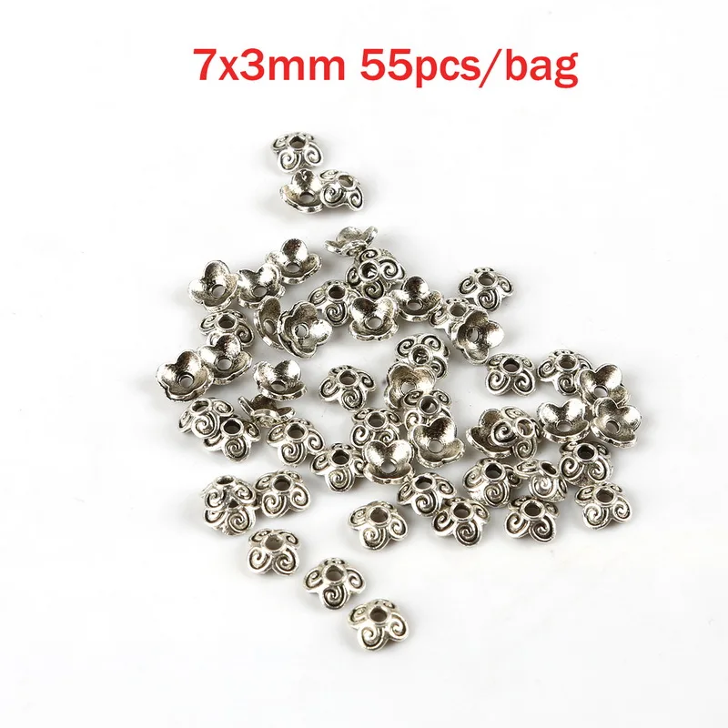 7x3mm 55pcs 35 стилей бусины колпачки Тибетский античный серебряный цвет цветок концевые колпачки для изготовления ювелирных изделий Рукоделие Diy аксессуары - Цвет: 7x3mm 55pcs