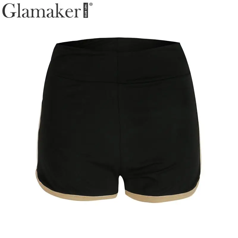 Черный Glamaker Черные Карманы Шорты с высокой талией женские повседневные летние тонкие женские элегантные облегающие красные спортивные шорты - Цвет: Черный