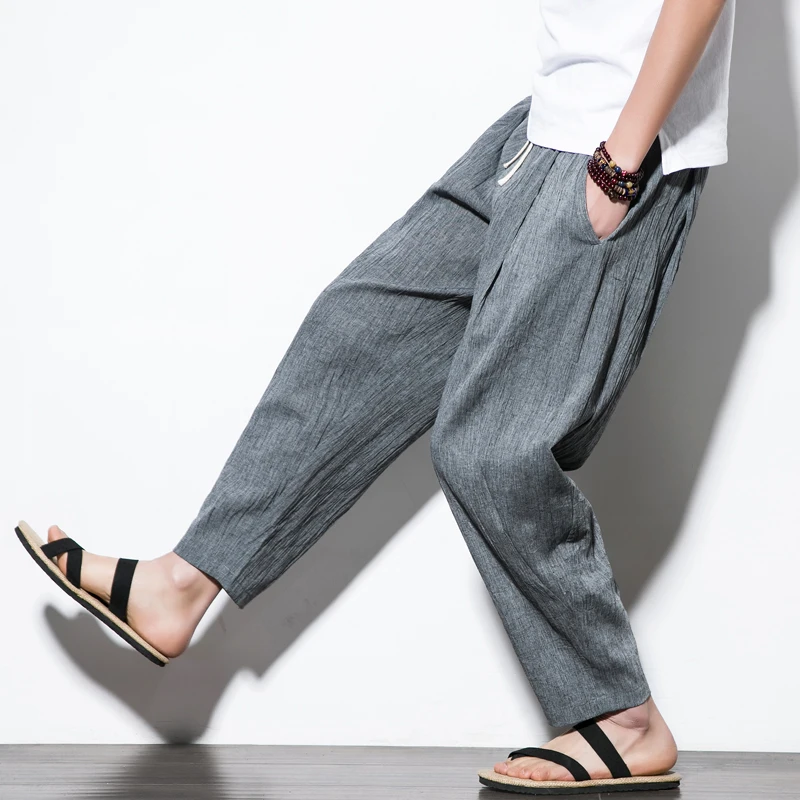 

2018 Autumn New Harem Linen Pants Men Casual Sweatpants Elastic Waist Traditional Chinese Trousers Mens Joggers Pants Hip Hop