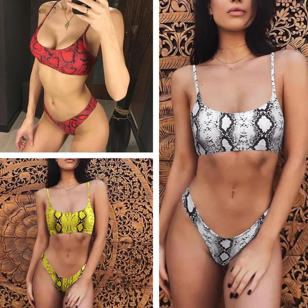 

HobbyLane Summer Women Stylish Sexy Snake Skin Printing Split Swimsuit Set