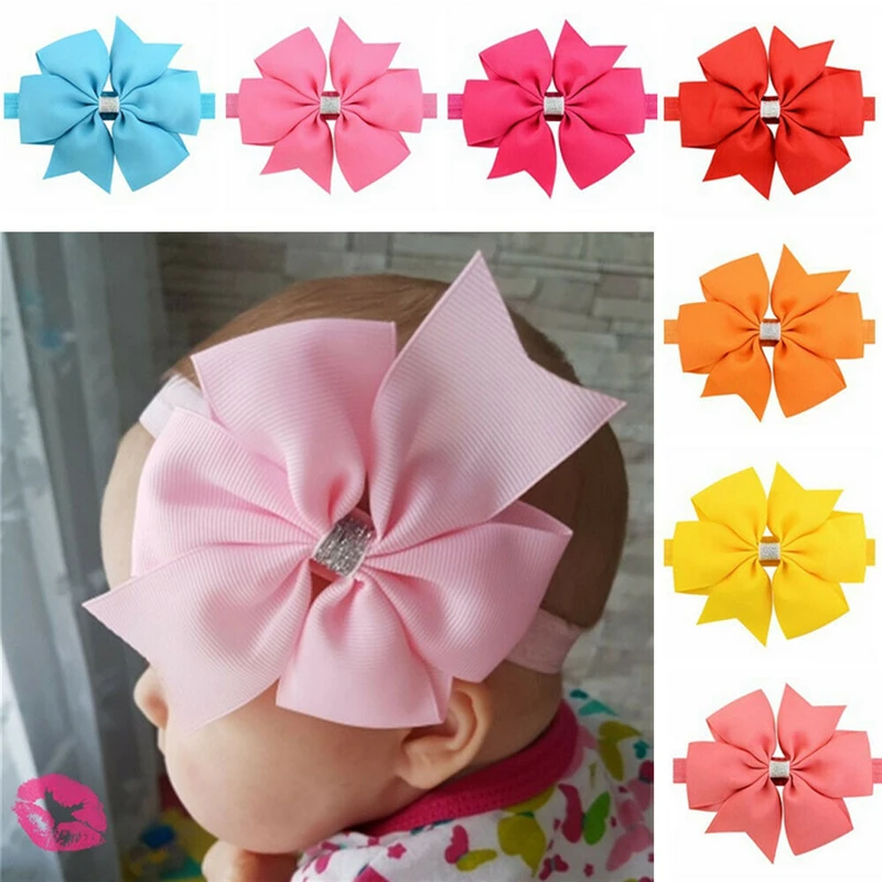 Детская эластичная повязка на голову с бантом 7 цветов выбор однотонные
