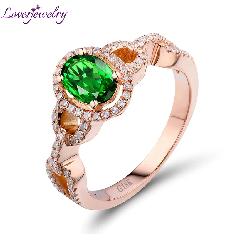 

LOVERJEWELRY Pure 18Kt Rose Gold Natural Diamonds Genuine Tsavorite Gemstone Wedding Rings Fine Jewelry For Women Party Gift