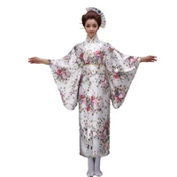 sexy white japanese women evening dress silk rayon kimono yukata with obi dance dress cosplay costume flower one size 021501