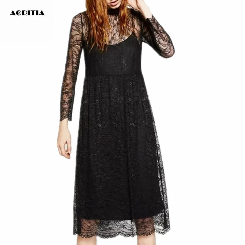 2016 женское весенне-осеннее кружевное платье из двух частей с длинным рукавом и