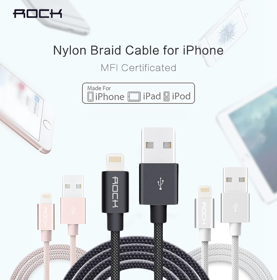 ROCK Metal MFI сертифицированный USB кабель для iPhone 5 SE 6 6s 7 plus нейлоновая оплетка волокна Быстрая зарядка для iPhone кабель