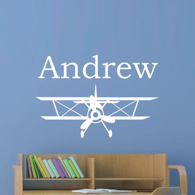 

New Biplane Wall Decals Personalized Name Kids Room Wall Stickers Home Decor PVC Adhesive Wall Sticker Decorative
