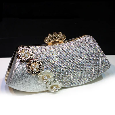 Silver Luxury Handbag Crystal Clutch Women Bridal Wedding Shoulder Bag Floral Genuine Leather Rhinestone Purse Chain Evening Party Bags - Цвет: Silver