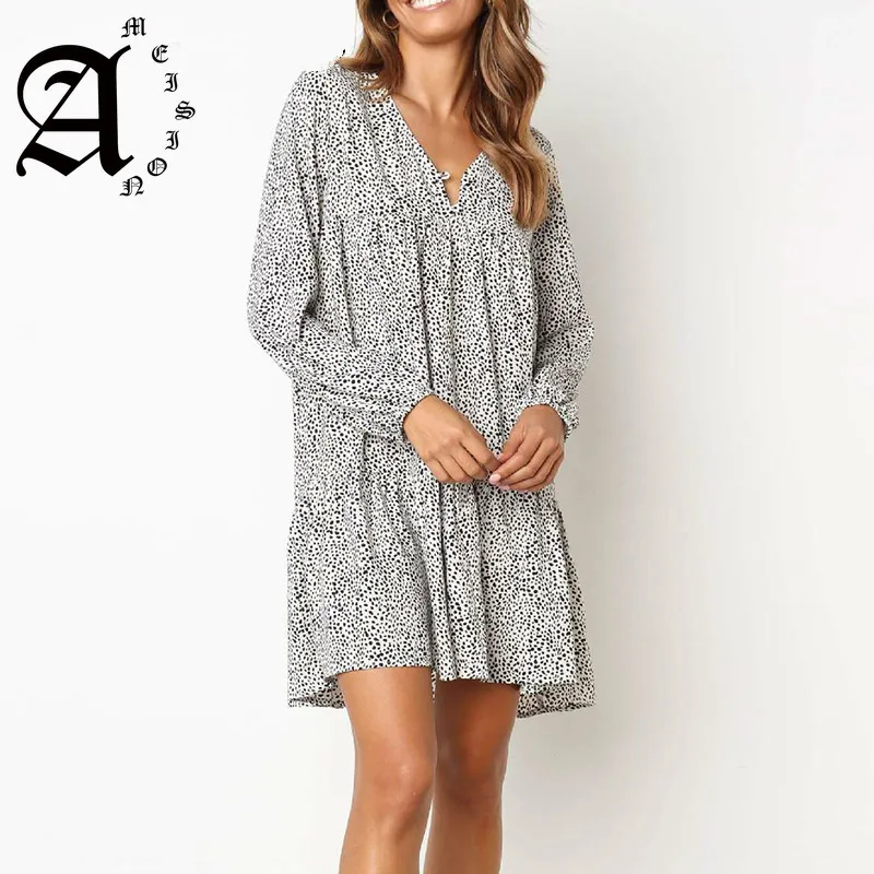 Ameision women Dress 2019 Spring Summer New Irregular Dot Print Mini Women Long Sleeve Casual Elegant Ladies Dresses | Женская одежда