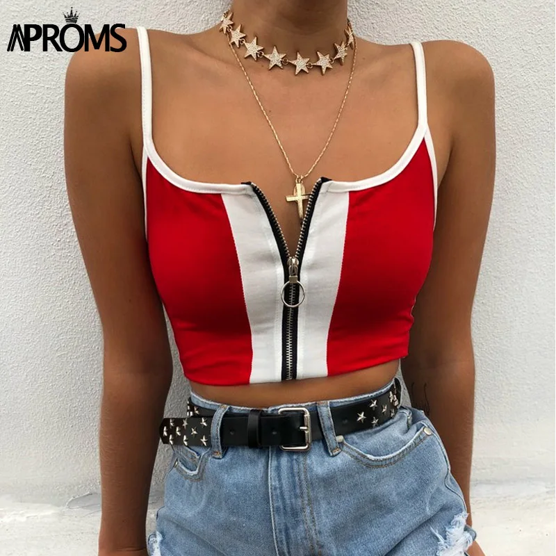 Aproms, красный цвет, блочная Базовая майка, женская повседневная спортивная укороченная футболка, 90 s, крутые топы на молнии для девочек, женские короткие футболки
